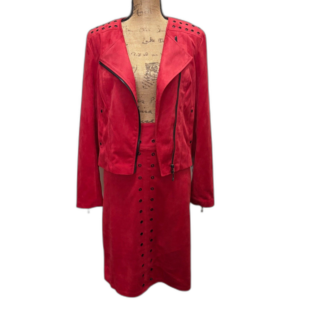 WD·NY Red Faux Suede Moto Jacket and Grommet Pencil Skirt Set Edgy Size Medium
